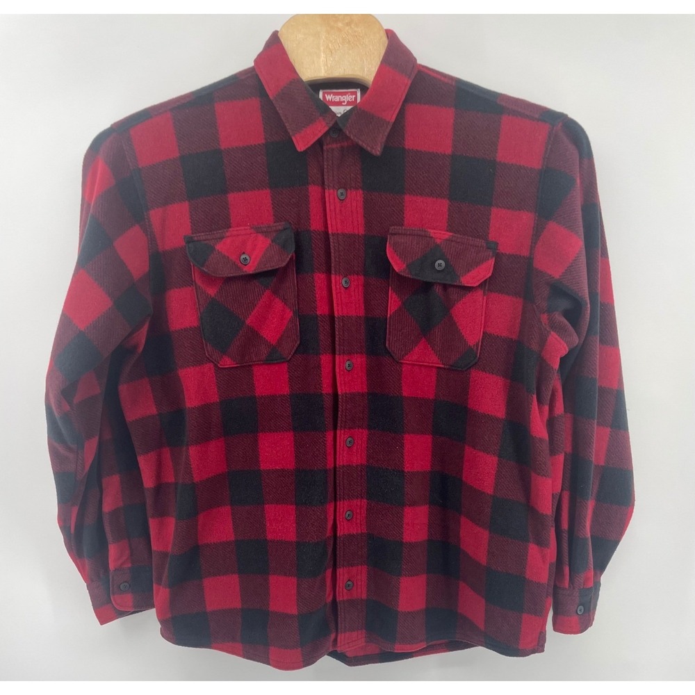 Wrangler Fleece Shirt Shacket Men XL Red Black Buffalo Plaid Button Down Outdoor
